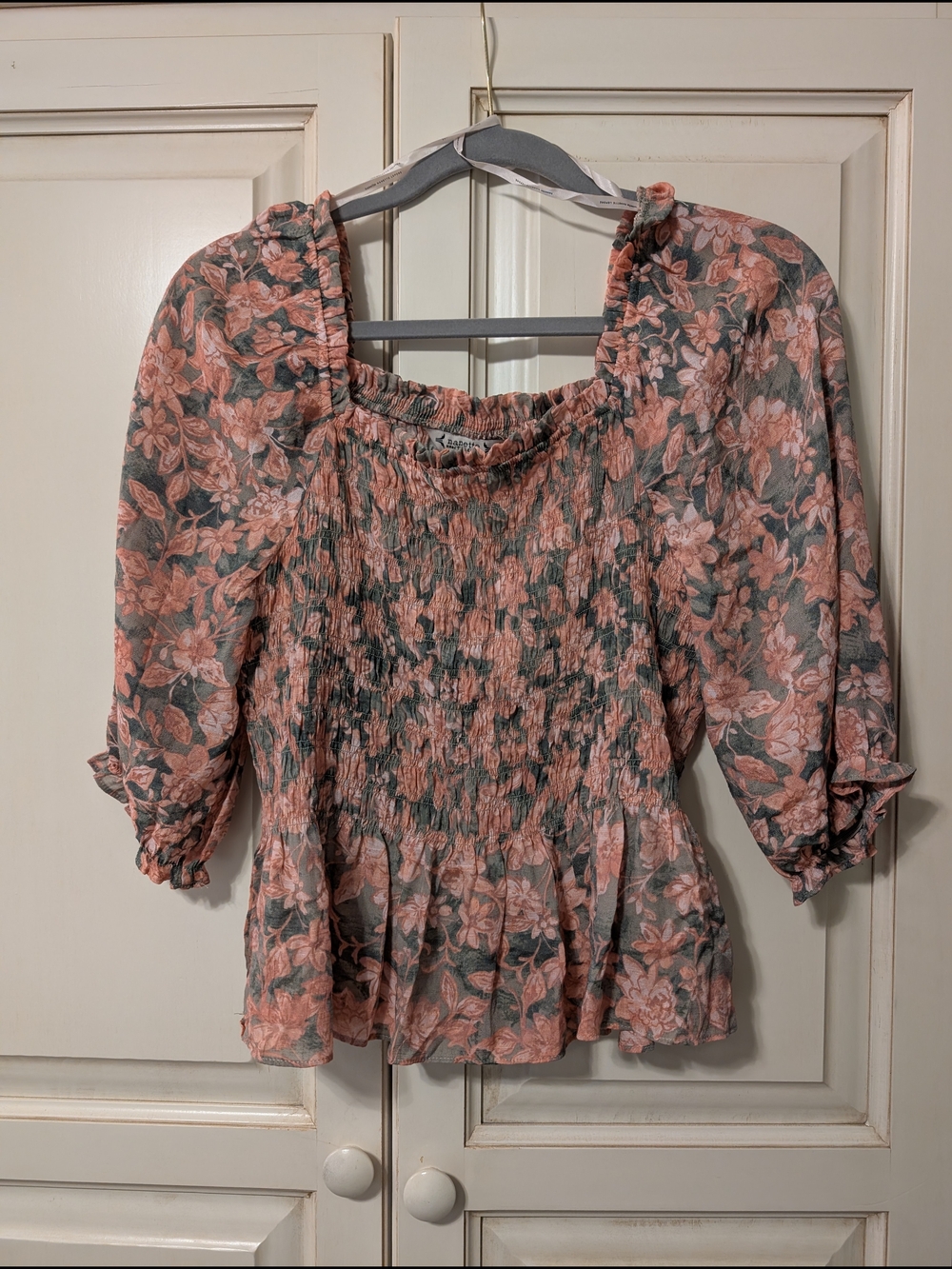 Nanette Lepore Coral Pink Floral Smocked Peasant Top